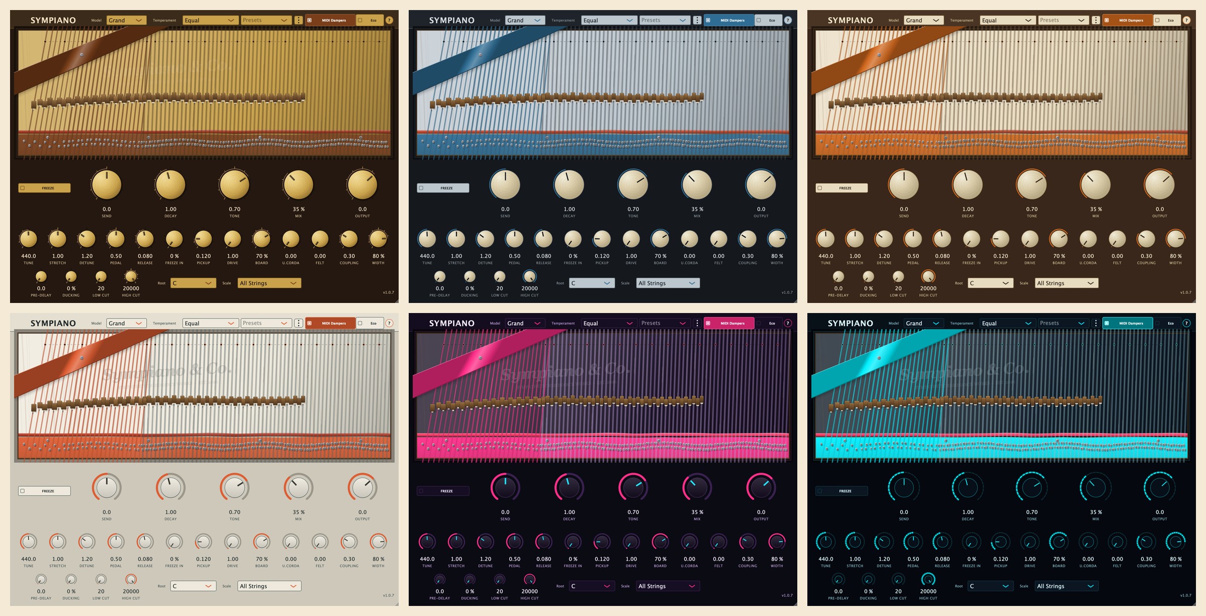 Six Sympiano skins side by side: Brasswork, Brushed Steel, Driftwood '77, Space Age '66, Neon Grid '86 and Nightwire.
